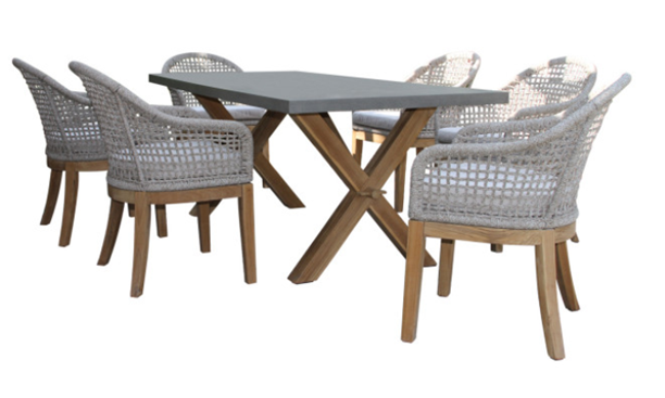 Outdoor Interiors TNA7936 Composite & Teak Rectangle Trestle Dining Table with TNA2211 Nautical Rope & Teak Dining Chairs 7pc set