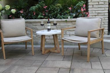 Outdoor Interiors 46123 Rope & Eucalyptus Wash Lounge Chair with Olefin Pillow & 46200 Round Ivory Composite Eucalyptus-Wash Accent Table 3pc Set