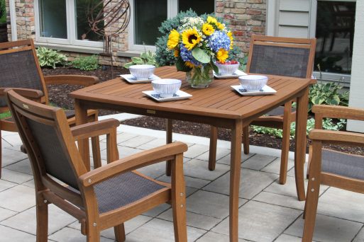 Outdoor Interiors 42445 Square Tapered Dining Table with 10555DK Sling Stacking Arm Chair 5pc Set