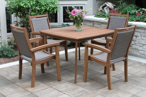 Outdoor Interiors 42445 Square Tapered Dining Table with 21090GR Stacking Wicker & Eucalyptus Arm Chair 5pc Set