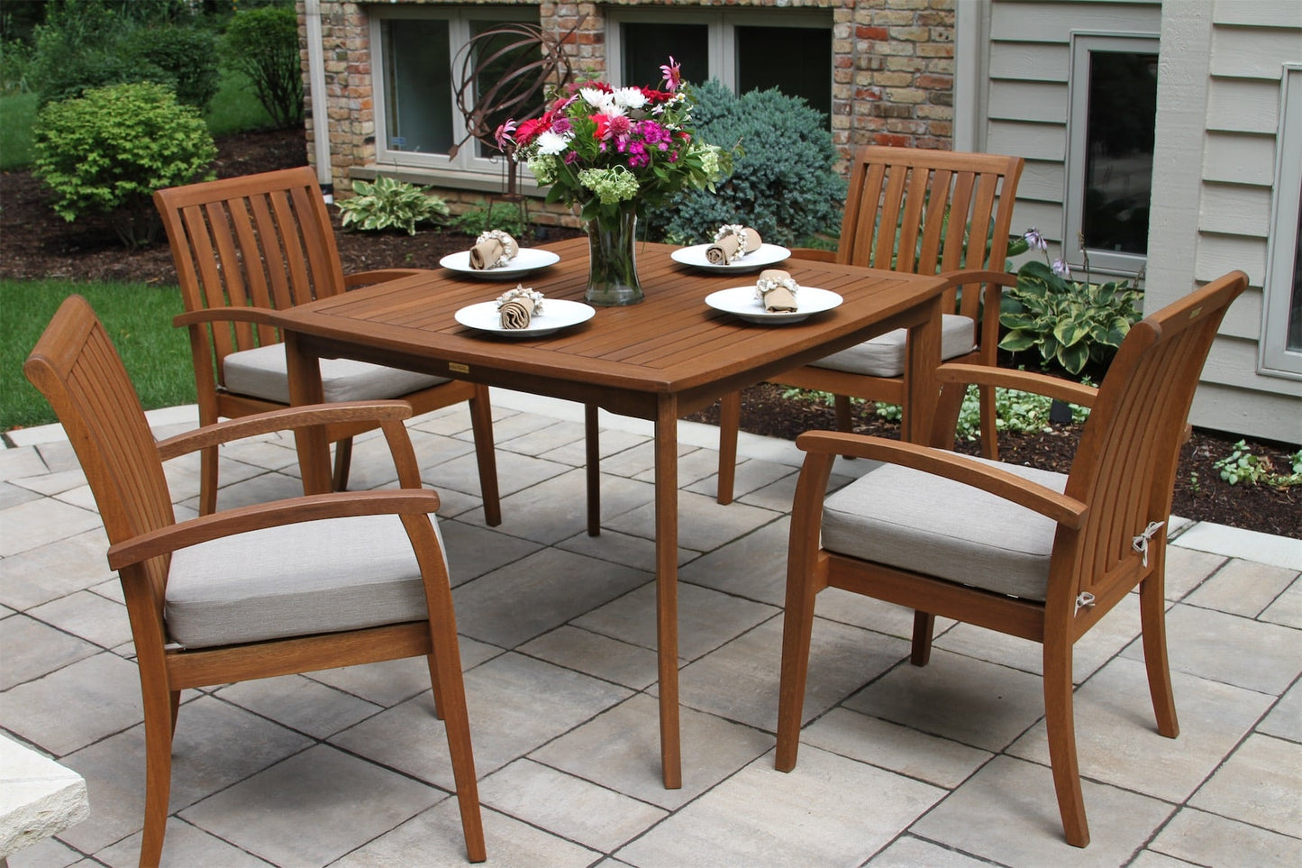 Outdoor Interiors 42445 Square Tapered Dining Table with 20505 Stacking Arm Chair with Olefin Cushion 5pc Set