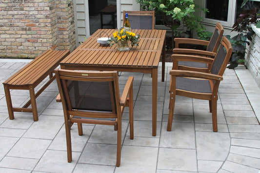 Outdoor Interiors 10555DK Brown Sling Stacking Arm Chair with 20458 (Rectangle Table) & 60404 (Backless Bench) 6pc Set