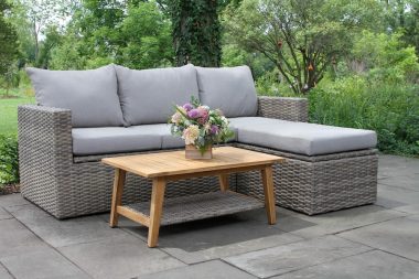 Outdoor Interiors TNA7900-G 3pc Teak & Grey Wicker Convertible Storage Set with Olefin cushions