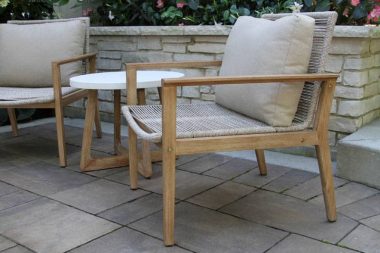 Outdoor Interiors 46123 Rope & Eucalyptus Wash Lounge Chair with Olefin Pillow & 46200 Round Ivory Composite Eucalyptus-Wash Accent Table 3pc Set